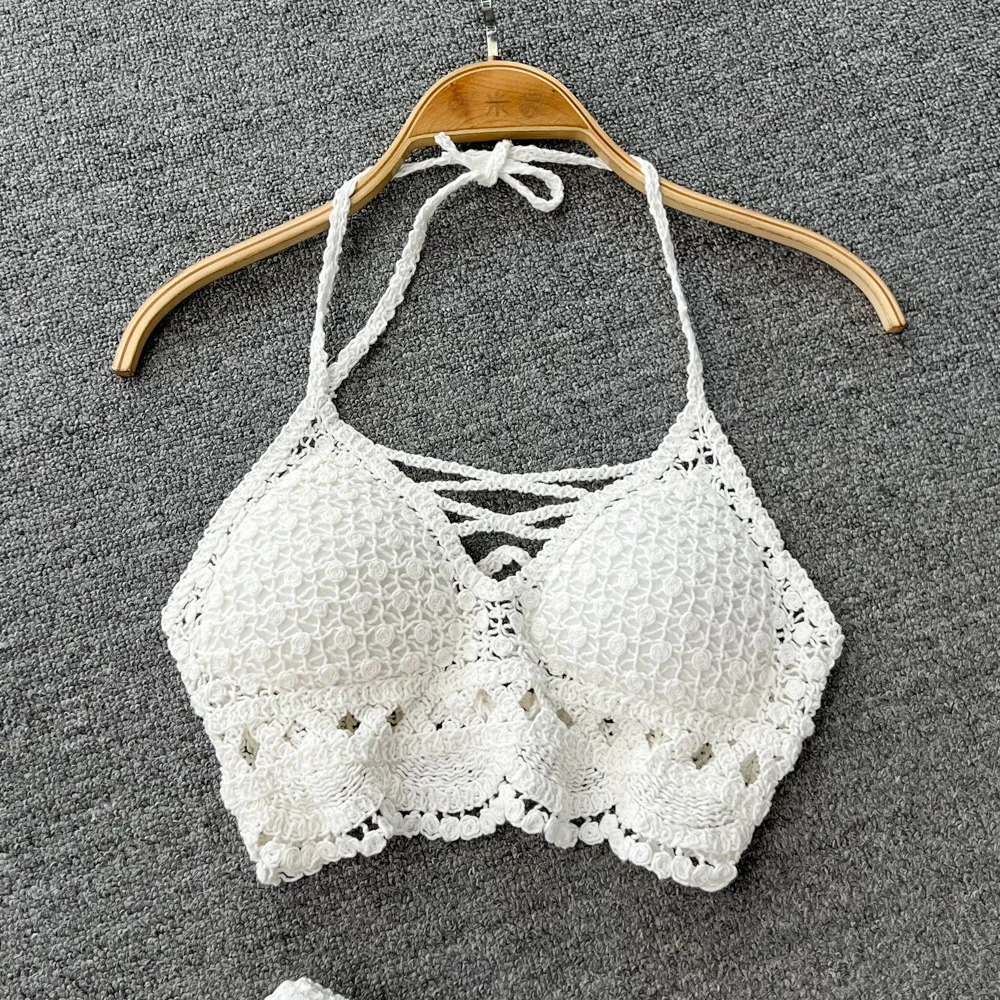 Seaside Holiday Suit Womens Summer Wear Retro Crochet Hollow Knitted Suspender Top Shorts 2pcs Set 250314