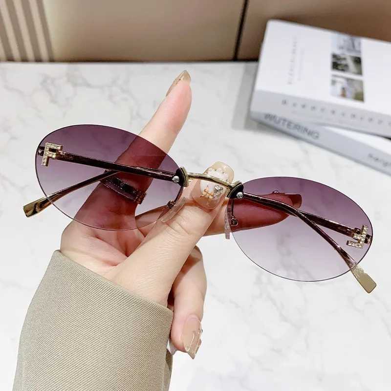 1/2/3PCS New Frameless Sunglasses Letter Diamond-set Oval Frame Fashion Trendy Small Frame Car Sunglasses 90902 Y250315