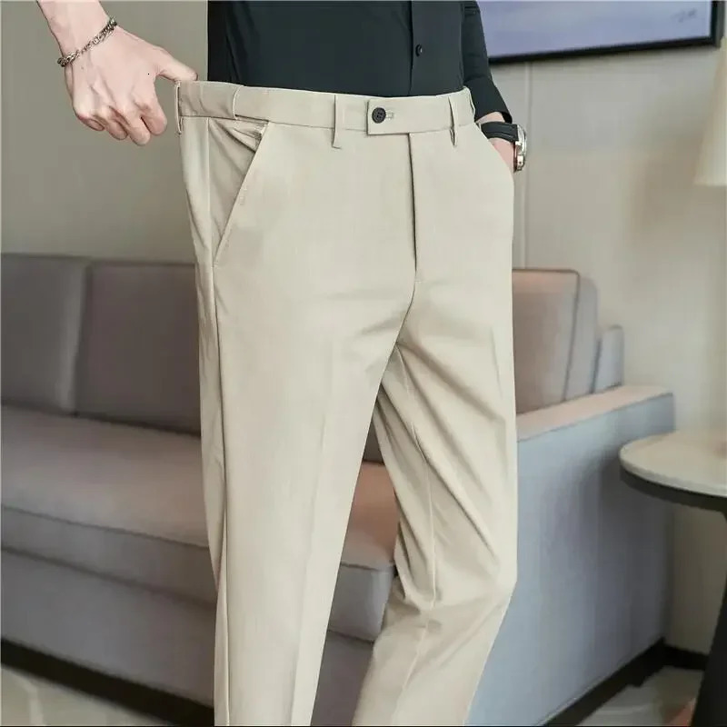 Men Suit Pants Plus Size 40 38 Autumn Solid Elastic Waist Dress Pants Men Slim Business Office Social Ankle Length Trousers 250314