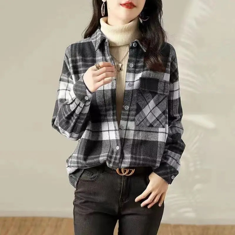 Autumn/Winter Coat Polo Neck Long Sleeve Plain Shirt Loose Casual Office Style Casual Womens Plain Coat 250314
