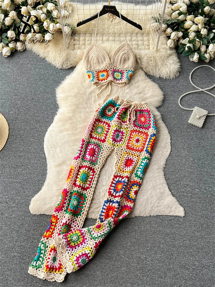 SINGREINY Knitted Beach Two Pieces Suits Women Strap Mini CamisElastic Waist Long Pants Set Streetwear Hollow Out Casual Sets 250314