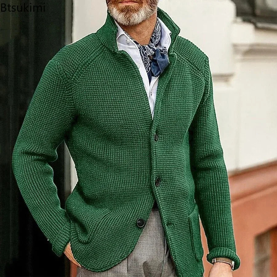 2025 mens knitted long sleeved sweater fashionable and casual solid button cardigan thick warm coat 250311