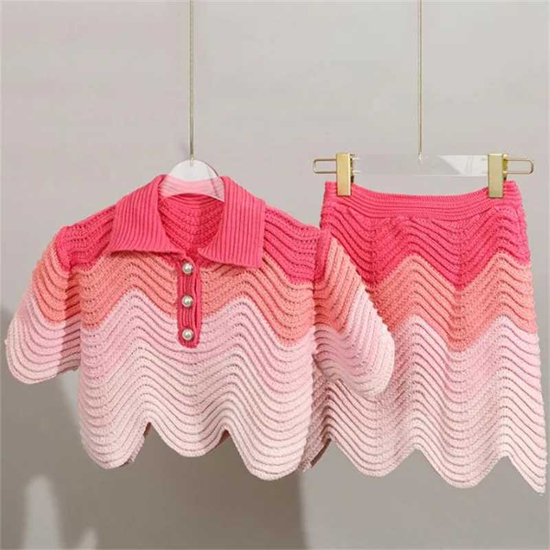 Two Piece Dress New Short POLO Collar Knit Sweater Short Slve T-Shirt Striped skirt Pullover Suit Women Y2503156IBI