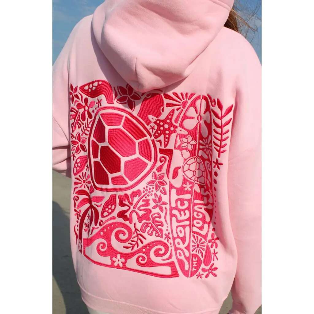 Combhasaki Women Y2k Turtle Embroidered Long Sleeve Hooded Sweatshirt With Pocket Drop Shoulder Loose Fit Pullover Tops