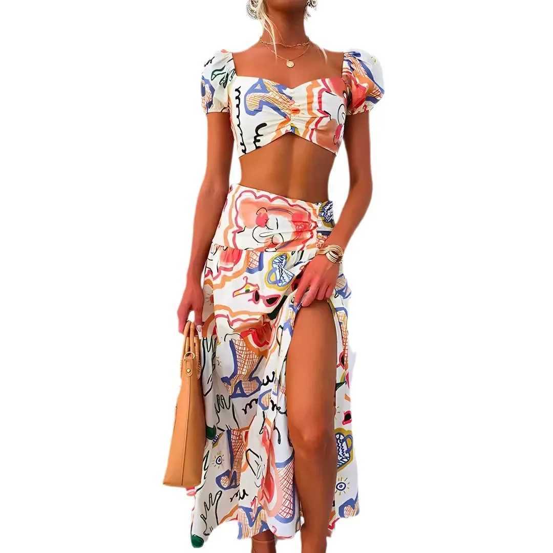 Two Piece Dress Short Top Maxi Skirts Two Pieces Sets Women Summer Loungewear Printing Patchwork Outfit 2025 Fashion Beach Style Ladies Suits Y2503158