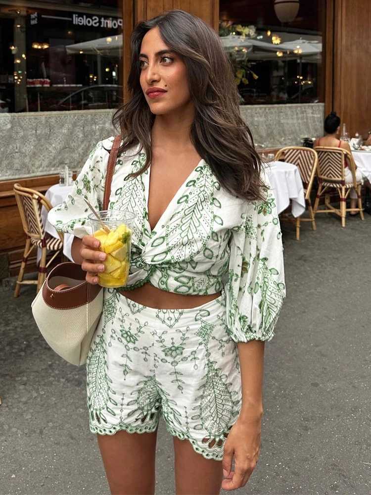 Women's Two Piece Pants Foridol Embroidery Hollow Set 2-piece Womens Short Half Sleeve Cotton Bohemian Casual Shirt+Shorts Set Retro New Set Y250