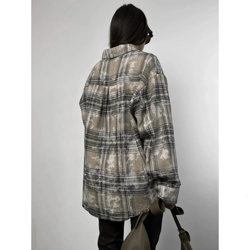 Zekye Spring Womens Shirt Distressed Plaid Blouses Grey Casual Cotton Long Sleeve Blouses Office Womens Loose Shirt Y2k 250314