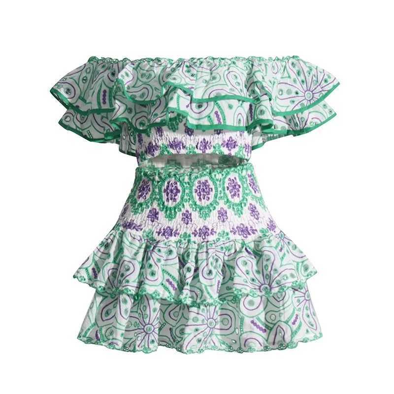 Two Piece Dress Summer Holiday Two Piece Womens Cotton Embroidered Sexy Slanted Collar Ruffle Top and High Waist Short Shirt Beach Set Y250315X6FA