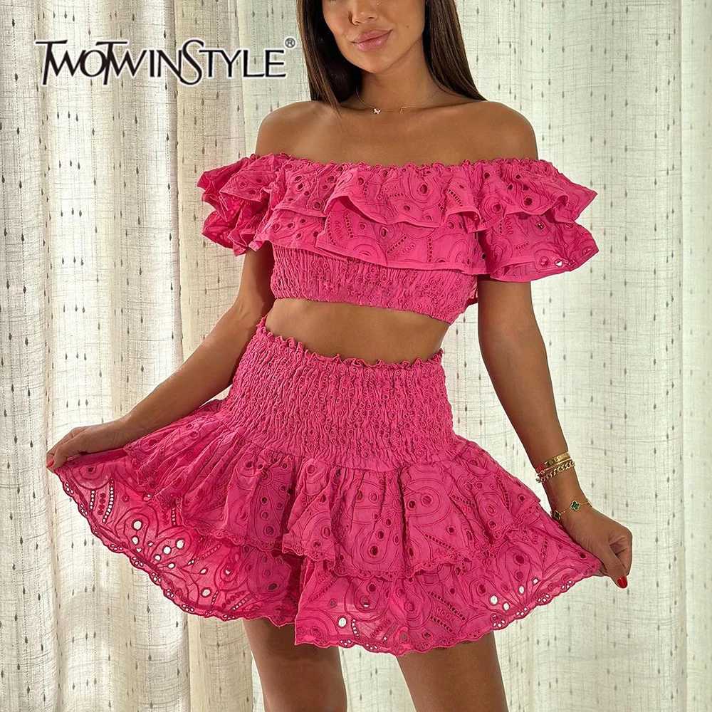 Two Piece Dress TWOTWINSTYLE Slimming Two Piece Sets For Women Slash Neck Short Slve Top High Waist A Line Skirt Summer Casual Set Female New Y2503155