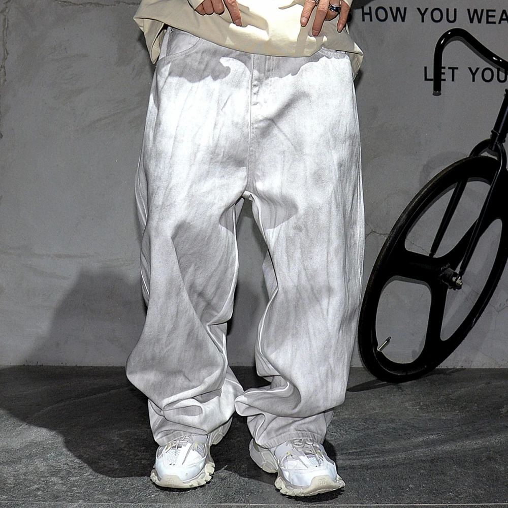 American streetwear hip-hop dirty white pocket jeans Korean fashion denim cargo pants for men Y2K K-pop skateboarding Trousers for men 250314