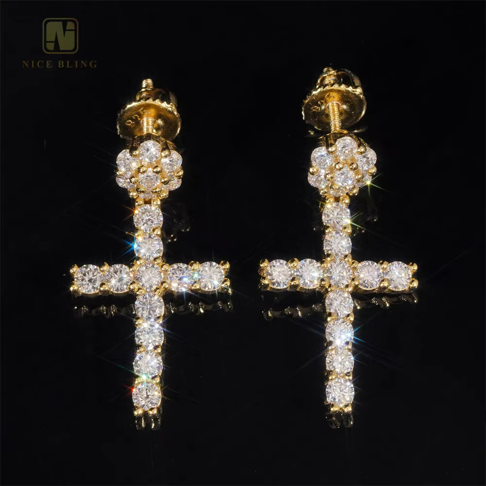 Original Design Men Women Hip Hop Ear Studs 925 Sterling Silver VVS Moissanite Diamond Iced Out Cross Stud Earring for Women