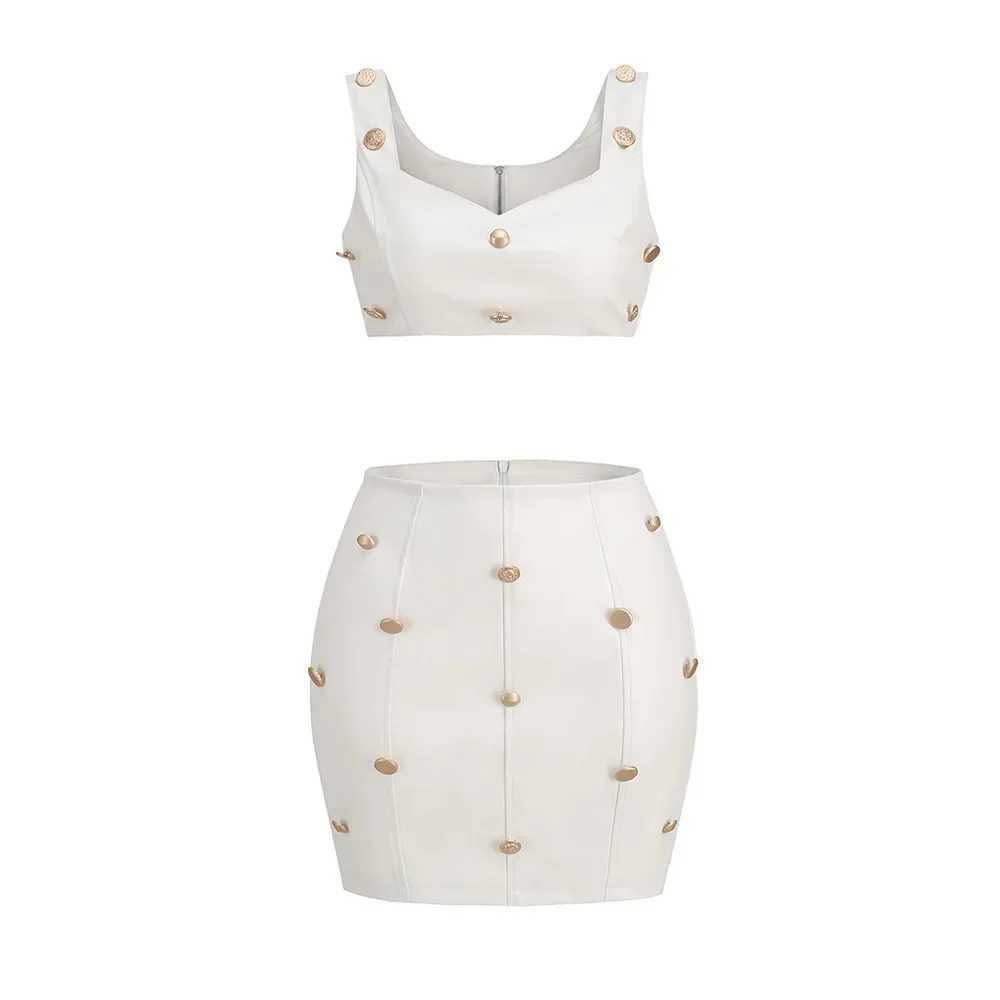 Two Piece Dress High end fashion casual womens mini Dr 2-piece set sexy shoulder strap clip waist top short skirt set Y250315JN20