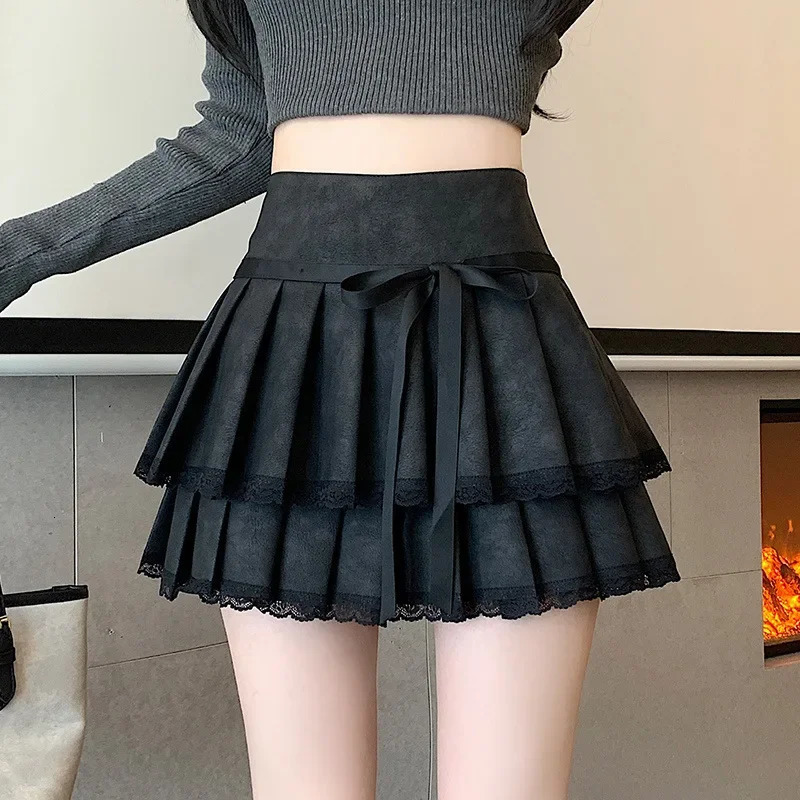 Bow mini dress 2024 womens high waist weight loss Aline leather texture autumn and winter seasonal clothing 250312