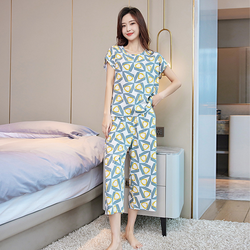 B786-Women's summer loose short-sleeved fashionable large size outer wear slim casual cropped pants wide-leg pants two-piece suit