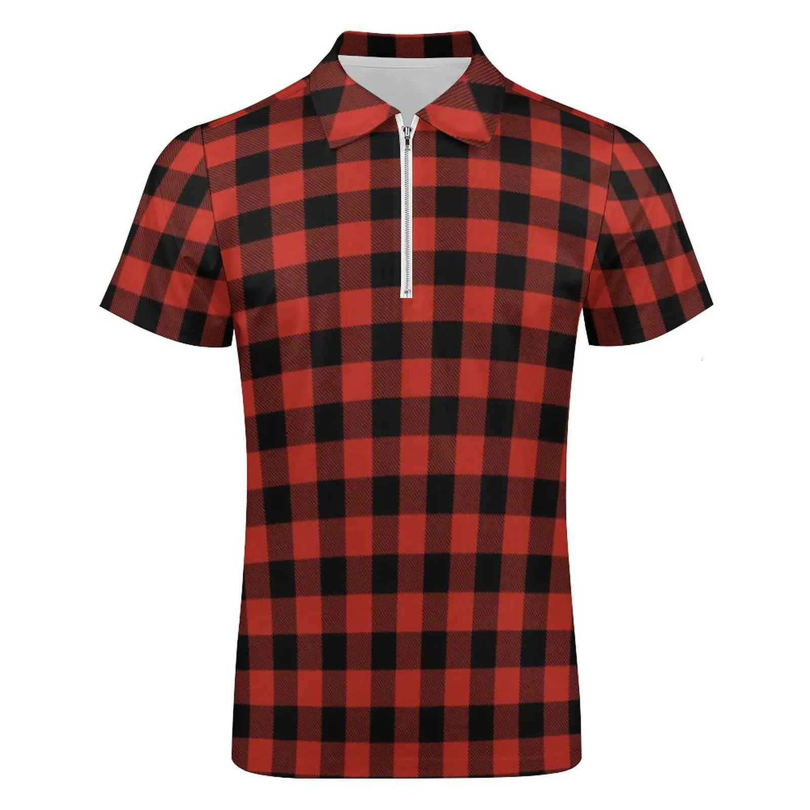 Red And Black Plaid Casual TShirts Check Print Polo Shirt Street Style Summer Short Sleeve Pattern Clothes Big Size 5XL 250312