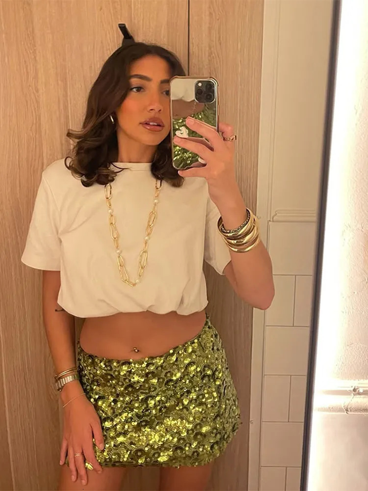 2025 Ladies Sexy Shiny Sequin Wrap Hip Mini Skirt Fashion Green High-waisted Short Dresses Summer Women Beach Vacation Wear 250314