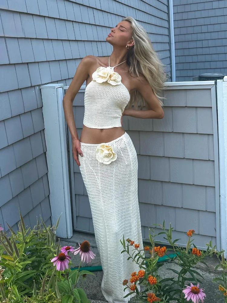 Chic 3d Flowers Sleeveless Halter Lace Up Knit Tops Suit Sexy Hollow Out See Through Slim Printed Skirt Set 2025 Vacation Outfit 250314