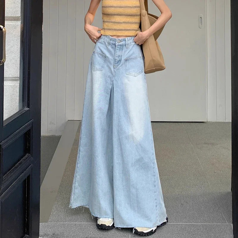Womens high waisted retro er wide leg jeans womens Gothic loose straight leg pants womens blue light blue denim shorts 250314