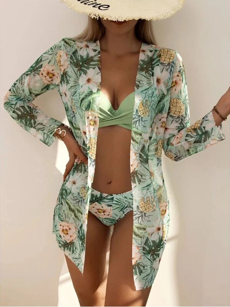 Three Pieces Bikini Set Beach Skirt Tunics For Beach Cover Up Swimsuit Women Ruffle Biquini Bathing Suit Summer Beach Wear 250314