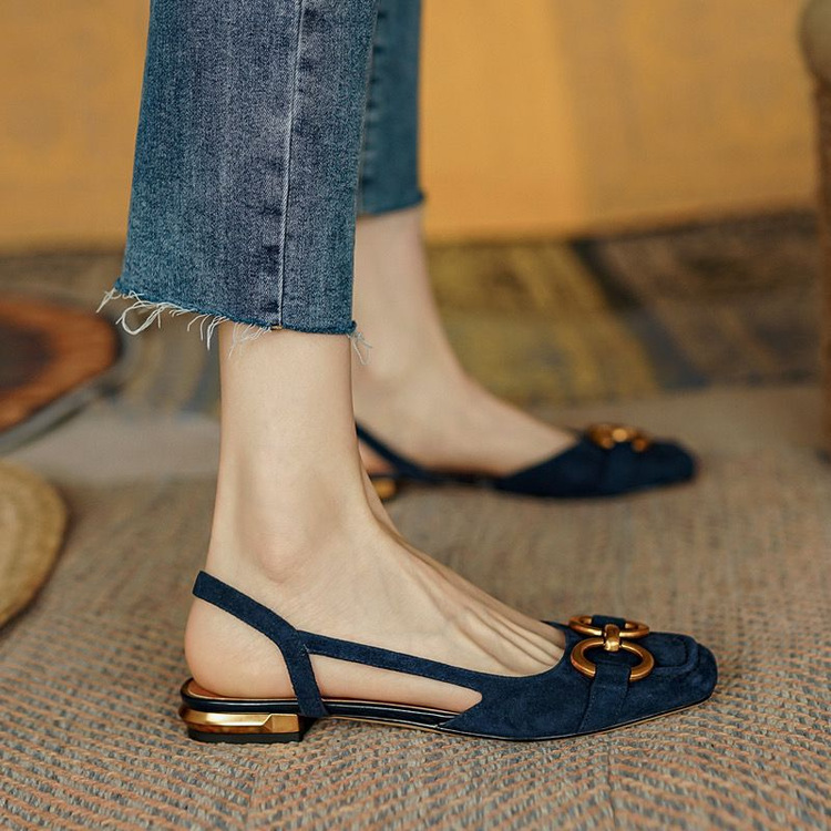 Free shipping sandals women French low heels fashion daily outdoor black beige