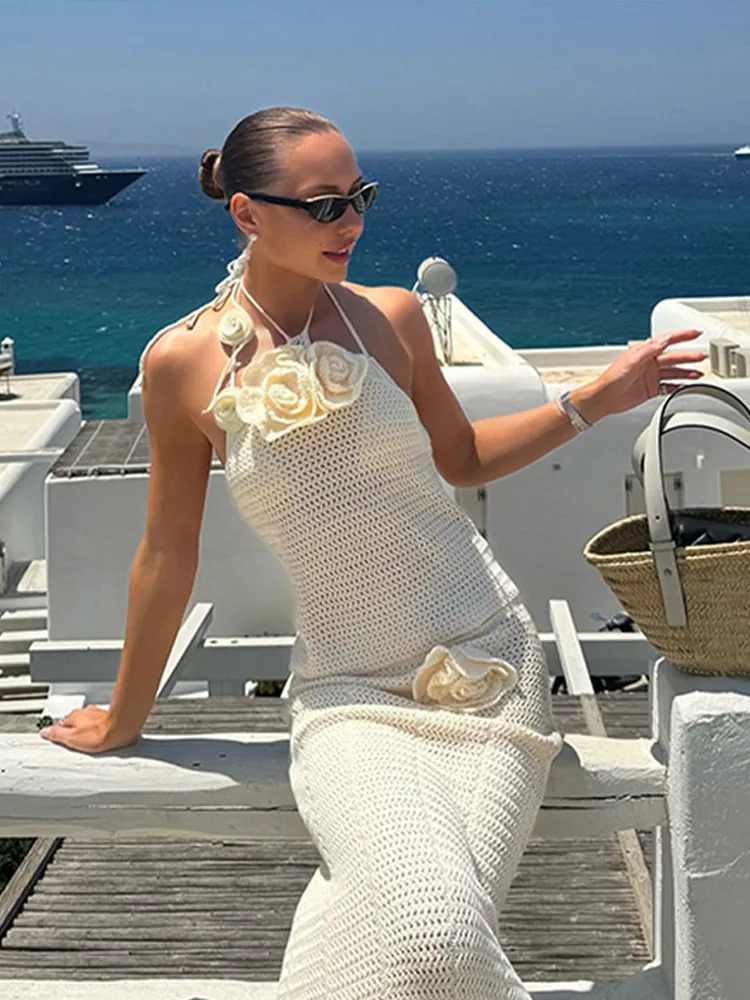 Chic 3d Flowers Sleeveless Halter Lace Up Knit Tops Suit Sexy Hollow Out See Through Slim Printed Skirt Set 2025 Vacation Outfit 250314