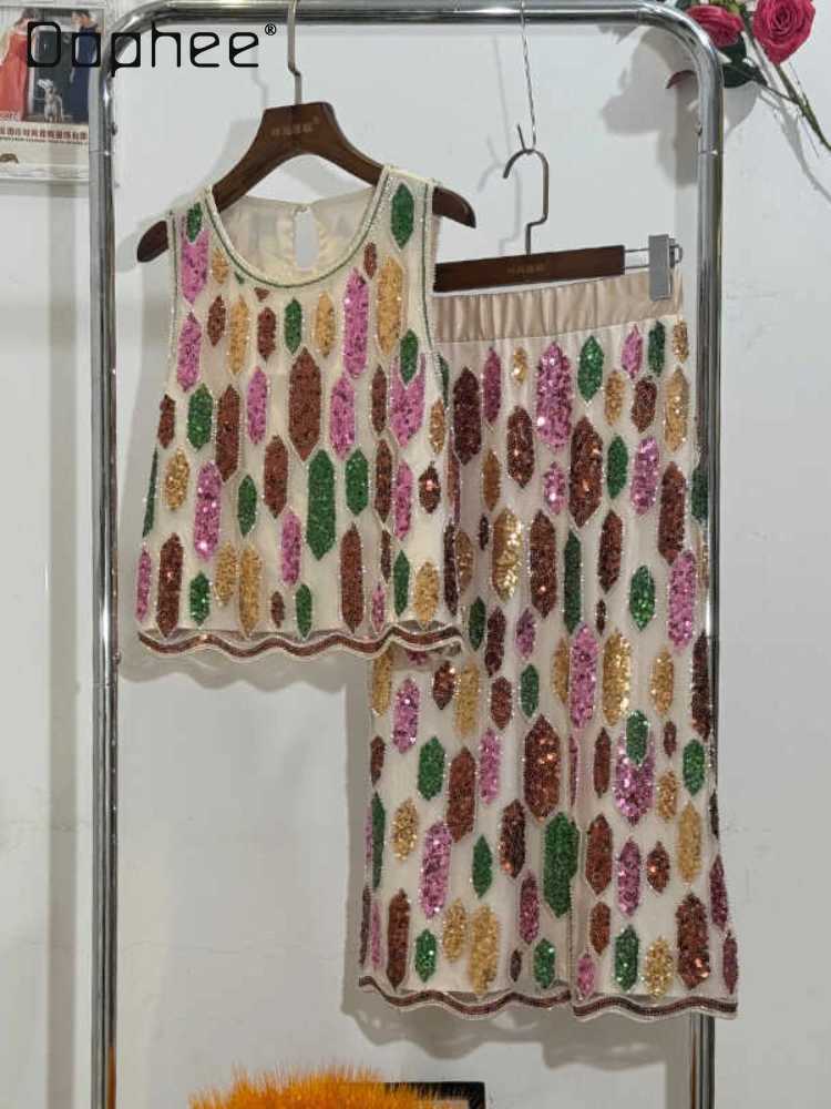 Two Piece Dress Fashion Summer Beach Holiday Handmade Beaded Sequins Vest Camisole Top Female Elastic Waist Skirt Womens Two Piece Sets Y250315ID5Y