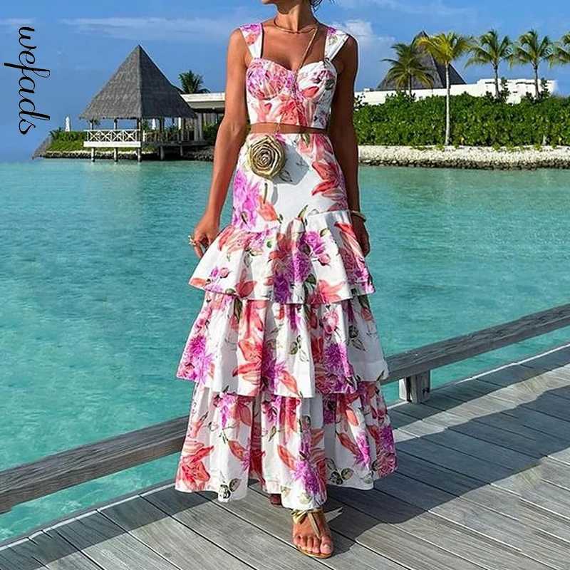 Two Piece Dress Wefads 2-piece womens summer elegant floral print Slvel high waisted vest loose cascading long sleeved dress Y250315TPX1