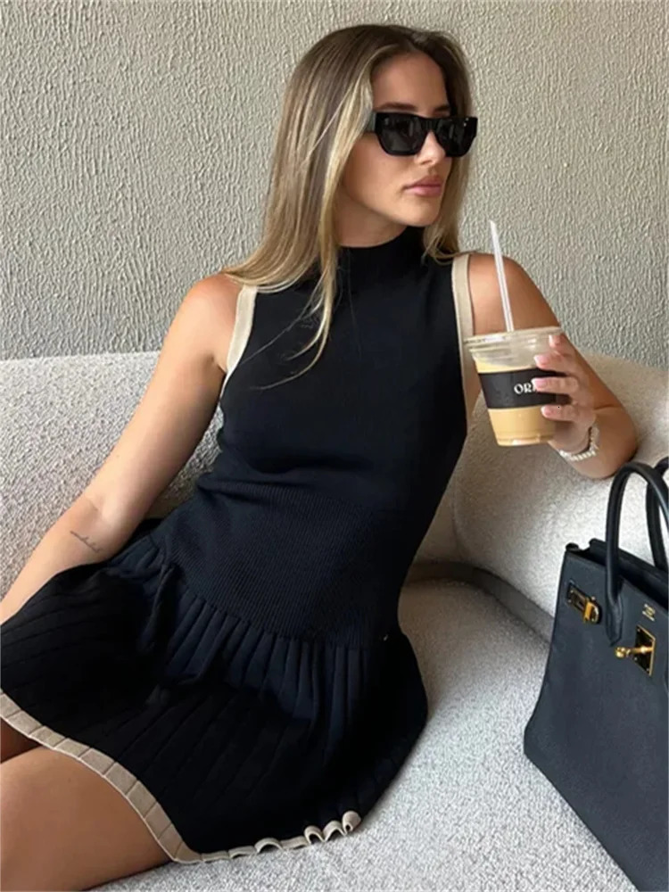 Fantoye Sexy Knitted O-Neck Shirring Pullover Sleeveless Female Dress Slim Fit Patchwork Casual Streetwear Women Dress 250314