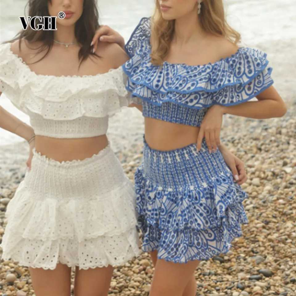Two Piece Dress VGH ultra-thin two-piece womens slanted neck short Slve back top high waist body A-line skiing hollow set women Y250315IOE8