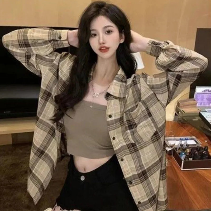 Xpqbb Pink Plaid Blouses for Women Korean Fashion Long Sleeve Check Shirt Ladies Autumn Casual Loose Single-breasted Shirts 250314