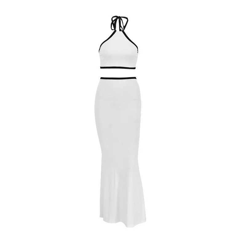 Two Piece Dress Sexy Solid Halter Women Skirt Suits Slvel Backl Crop Top +Split Skirts Two Piece Outfits 2025 Summer New Chic Lady Sets Y2503156WZA