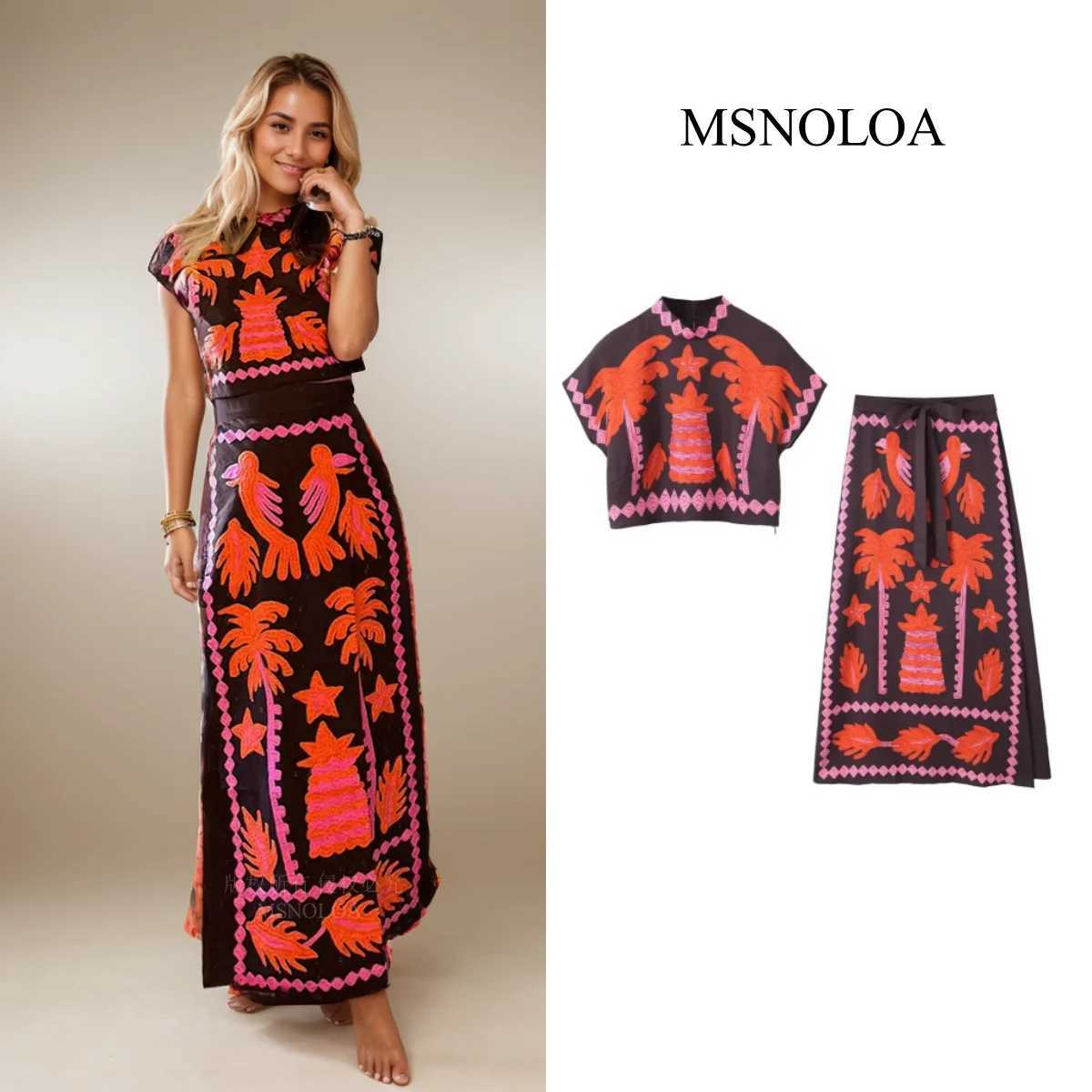 Two Piece Dress 2025 Female Summer Elegant Suits Back Hollow Button Decoration Print O-Neck Short Top+Bow Lace-up Side Zipper Skirt Mujer Y250315I9ZD