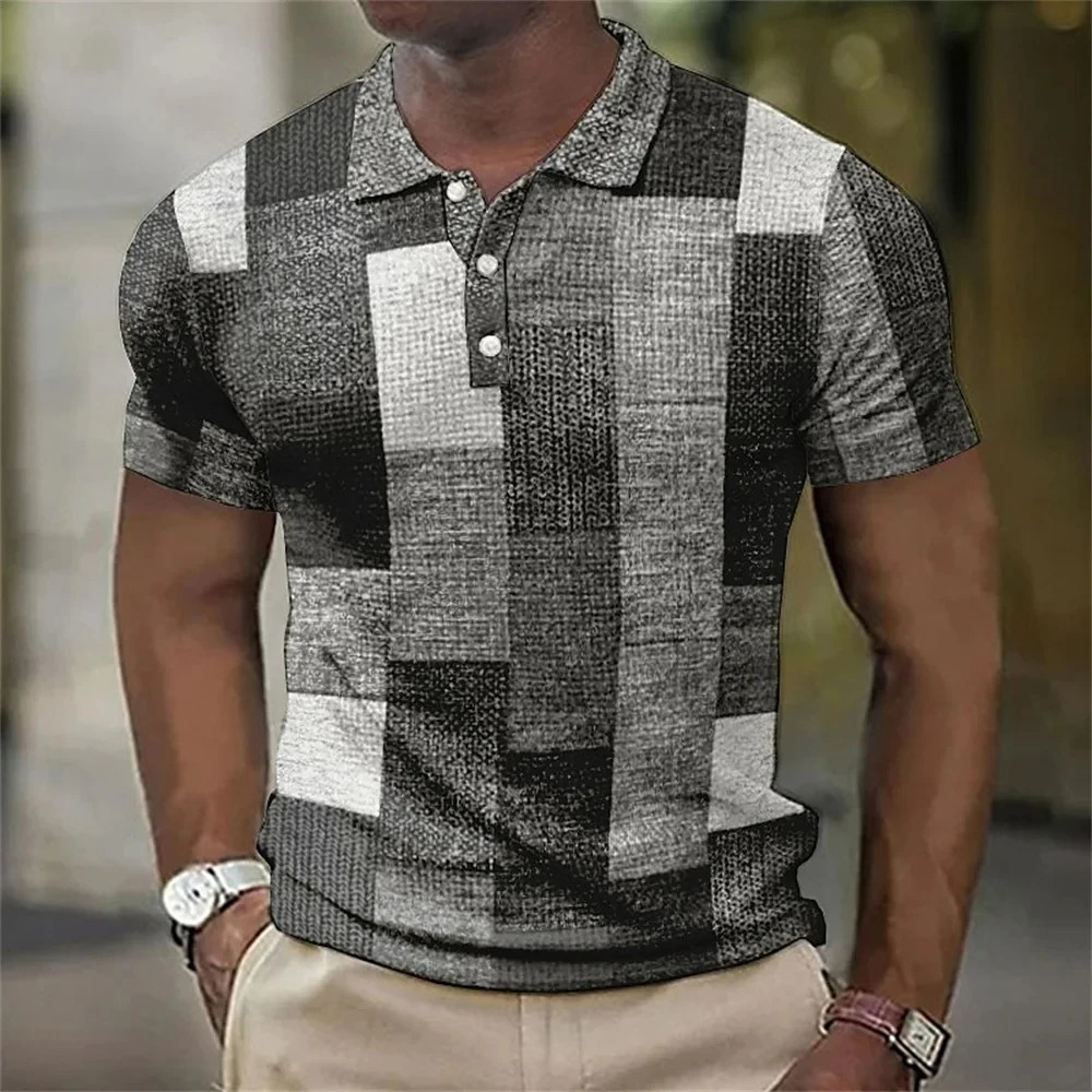 Mens Polo Shirt Striped Plaid Print Vintage 3D Summer Button Down Collar Casual Short Sleeve Oversized Tops Clothes 250312