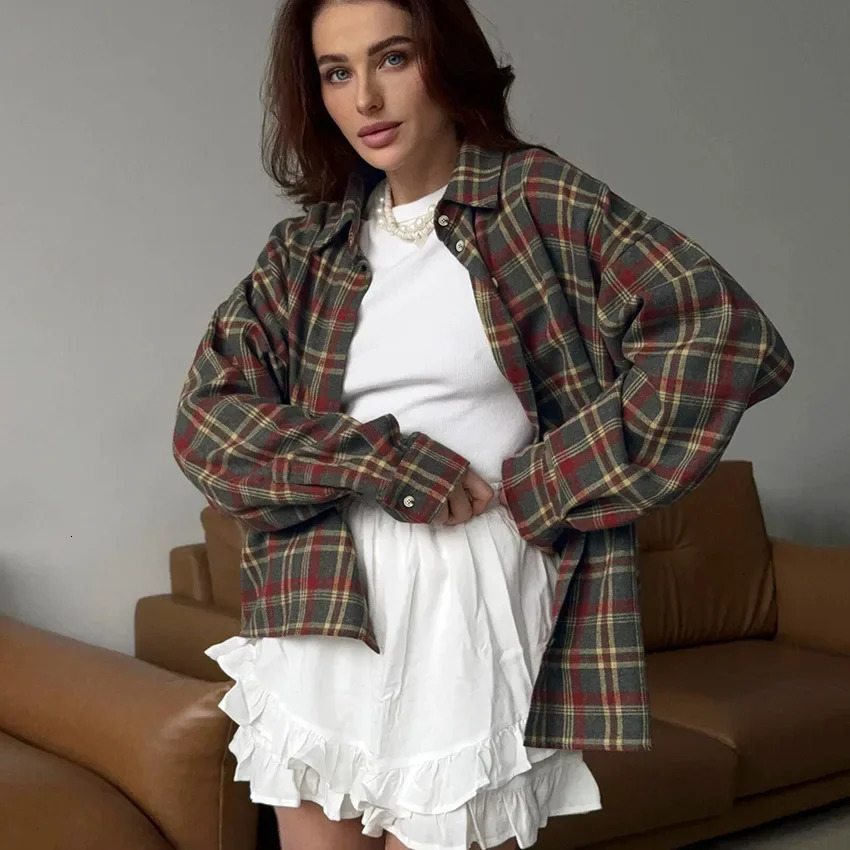 Summer Plaid Vintage Style Versatile Casual Long Sleeve Cardigan Womens Shirt European And American Export Cotton Gauge Shi 250314