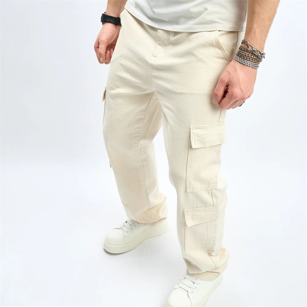 Streetwear Men Multiple pockets Cargo Loose Jeans Trousers Good Quality Male Stylish Straight Casual Denim Pants 250312