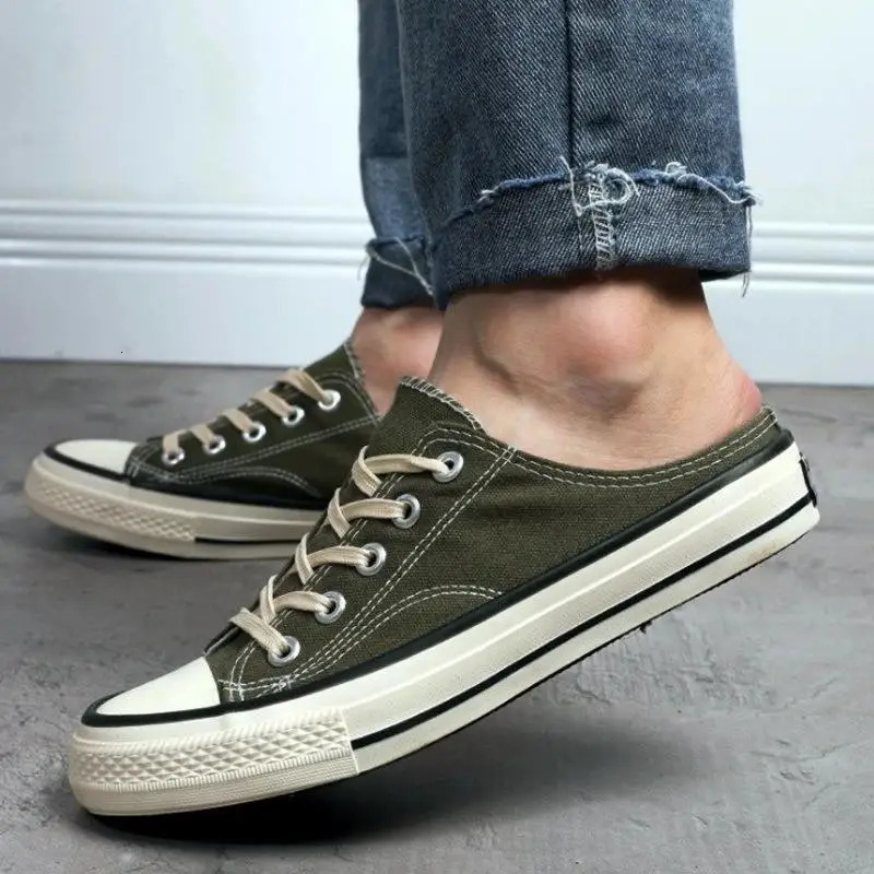 Mens Canvas Sneakers Lovers Comfortable Slip-on Shoes Flats Casual Women Half Slipper Breathable Walking Shoes Plus Large Size 44 250310
