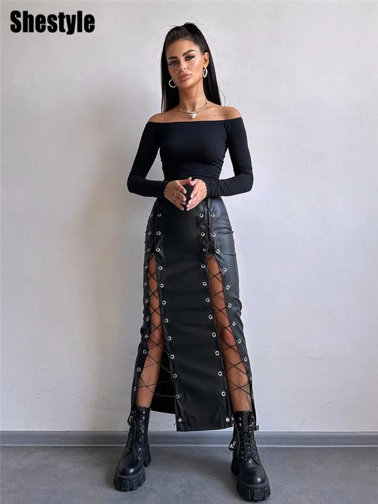 Shestyle Lace Up Bandage Hollow Out Long Skirt Women Slit PU Leather Sexy Pencil High Waist 2025 Spring Fashion Black Bottom 250312