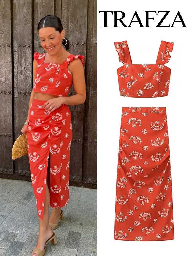 Two Piece Dress TRAFZA Summer Fashion Womens Printed Slvel Bohemian Style Short Sling Top+Elastic Waist Side Zipper Split Strapless Y250315UN16