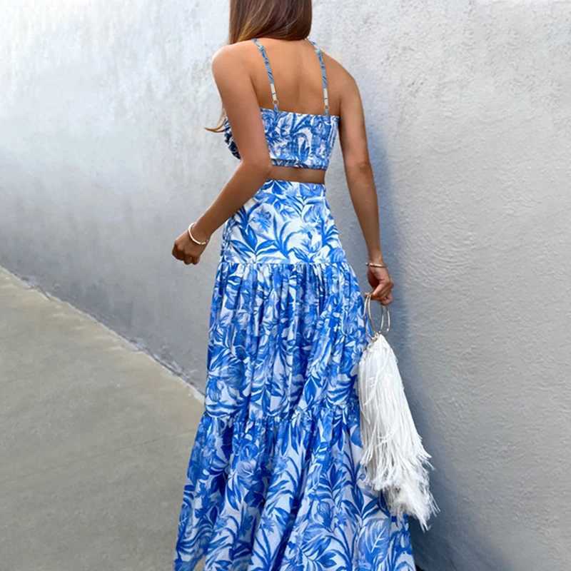 Two Piece Dress Elegant Print Suspender Tube Top Skirt Set Womens Sexy Slvel Long Dr Two-Piece Set New Lady Fashion Dating Swt Suit Y250315ORQE
