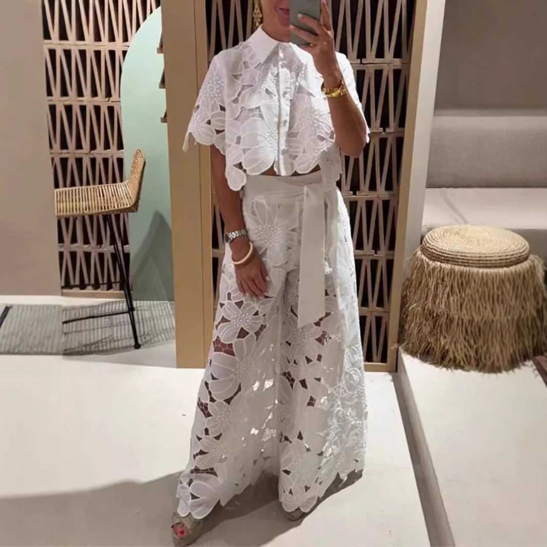 Women's Two Piece Pants Sexy lace hollow 2-piece fashionable new shirt top+wide leg pants womens set fashionable solid color elegant casual set w