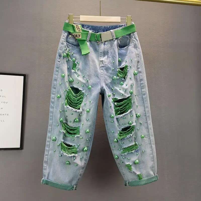 2025 New Colored Beaded Cowboy Lantern Pants for Women's Summer Green Pearl High Waist Loose Oversized Designer Fashion Trend Full Match Hole Jea