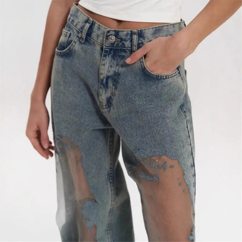 EAEOVNI Fashion Y2K Women Jeans Hollow Out Spliced Loose Denim Wide Leg Trousers Streetwear Clothing 1A726 250314