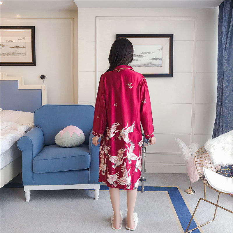 B171-Spring and autumn new ice silk pajamas women's long-sleeved crane plus-length nightdress imitation silk sexy ice silk large size home clothe