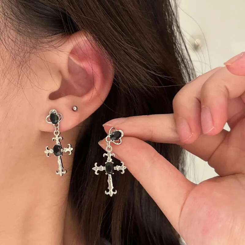 2025 New model Gothic Cross Black Drill Drop Earrings Women Punk Halloween Jewellery Creativity Fashion Gorgeous Statement Jewelry Girl Gifts