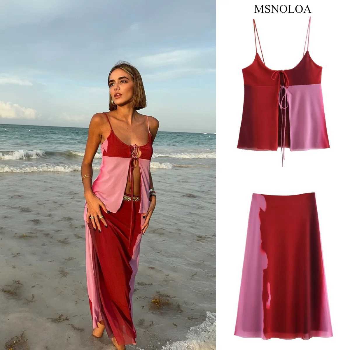 Two Piece Dress Printed Sexy Sling Vest Skirts Set Women Loose Lace Up Hollow Out Tops High Waist Long Skirt 2025 Summer New Female Beach Outfit Y2503