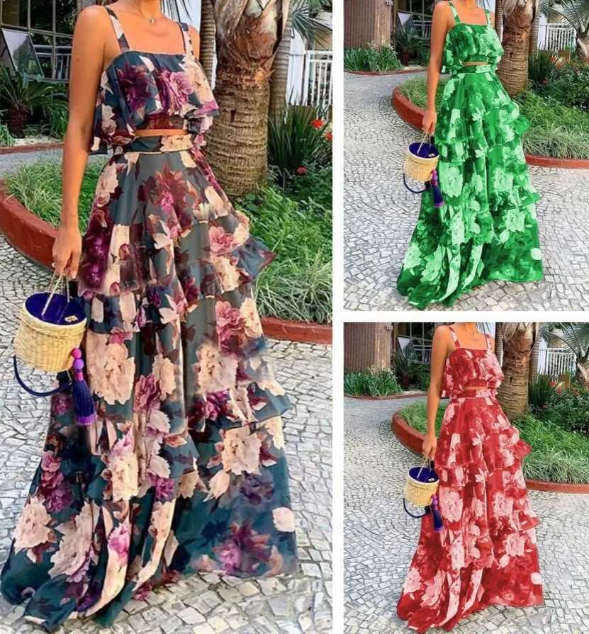 Two Piece Dress Autumn New Beach Resort Style Printed Two-piece Suspender Top Cake Skirt Long Skirt Suit for Womens Two-pieces Set Y250315URN4