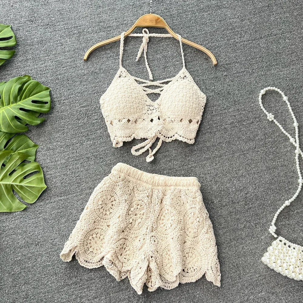 Seaside Holiday Suit Womens Summer Wear Retro Crochet Hollow Knitted Suspender Top Shorts 2pcs Set 250314