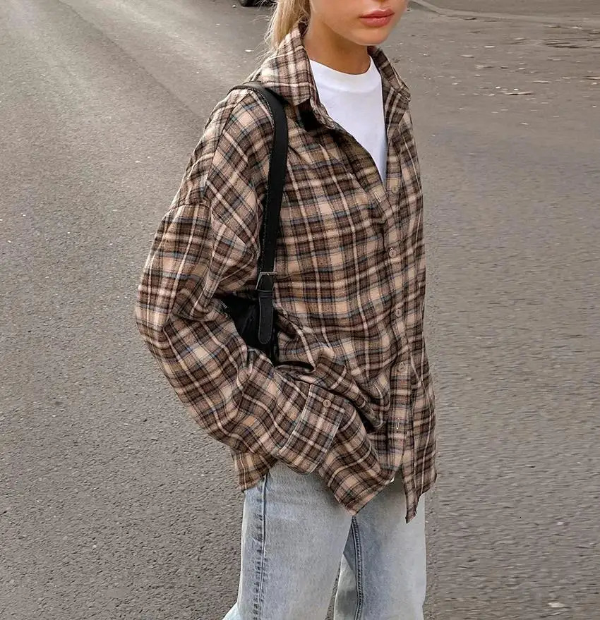 Womens Long Sleeve Blouse Loose Single Breasted Casual Shirt Spring Autumn Vintage Plaid Checkered 250312