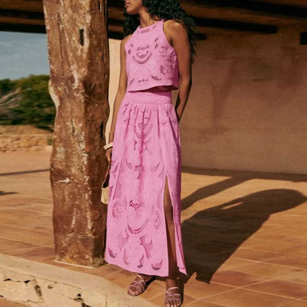 Two Piece Dress TWOTWINSTYLE Patchwork Embroidery Two Piece Sets For Women Round Neck Slvel Top High Waist Split Skirt Solid Set Female New Y2503158KP