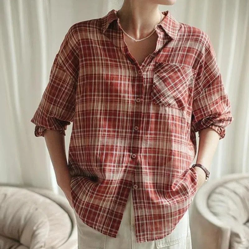 Red Plaid Shirt Women Long-sleeved Niche Spring and Autumn Casual Temperament Slim Shirt Cotton 250314